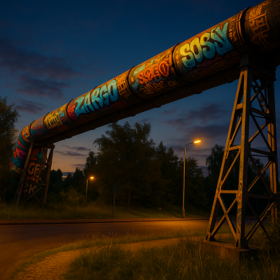 Graffiti na horkovodním potrubí u vjezdu do Staré Chodovské