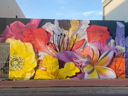 Graffiti na betonových kvádrech a asfaltové ploše v ul. Dukelských hrdinů